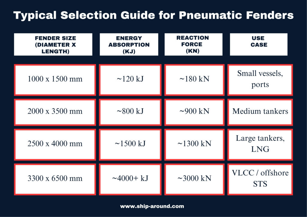 Sizing Examples (Typical Selection Guide) for Pneumatic Fenders.